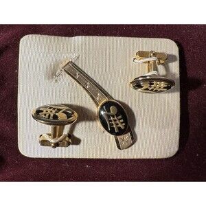 Vintage Anson Tie Clip & Cuff Links Musical Note Design Black & Gold Tone Signed